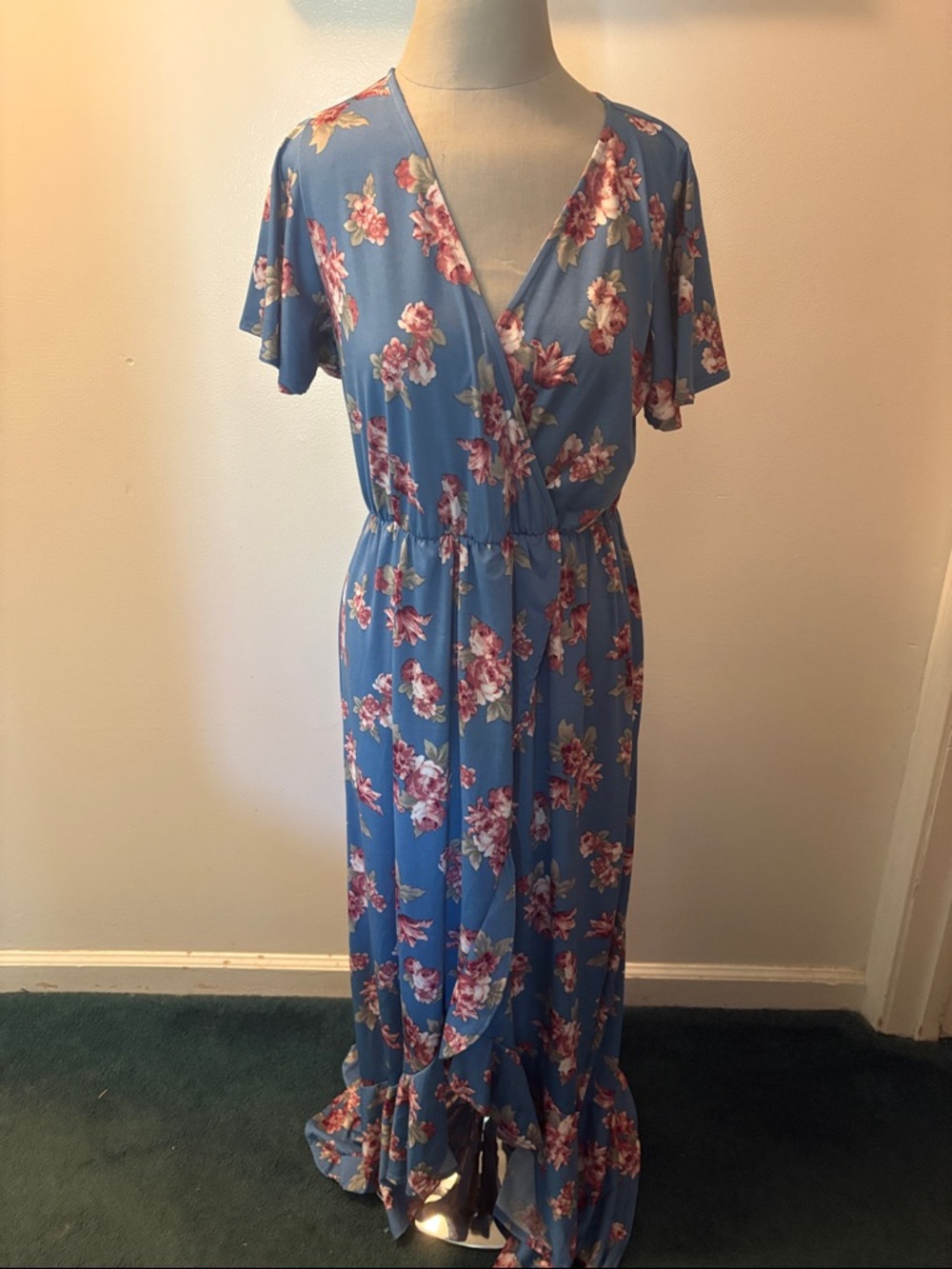 7th Ray Sky Blue Floral Faux-Wrap Maxi Dress